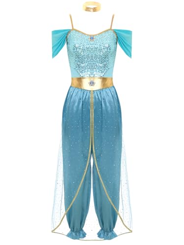 Aiihoo Bauchtanz Kostüm Damen Jasmin Prinzessin Kostüm Pailletten Jumpsuit + Halsband Arabische Cosplay Outfit Aladin Verkleidung Halloween Karneval Kostüm Blau 3XL von Aiihoo