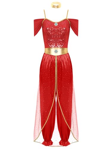 Aiihoo Bauchtanz Kostüm Damen Jasmin Prinzessin Kostüm Pailletten Jumpsuit + Halsband Arabische Cosplay Outfit Aladin Verkleidung Halloween Karneval Kostüm Rot 3XL von Aiihoo