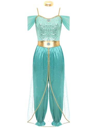 Aiihoo Bauchtanz Kostüm Damen Jasmin Prinzessin Kostüm Pailletten Jumpsuit + Halsband Arabische Cosplay Outfit Aladin Verkleidung Halloween Karneval Kostüm Türkis 3XL von Aiihoo