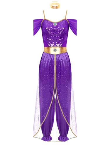 Aiihoo Bauchtanz Kostüm Damen Jasmin Prinzessin Kostüm Pailletten Jumpsuit + Halsband Arabische Cosplay Outfit Aladin Verkleidung Halloween Karneval Kostüm Violett 4XL von Aiihoo