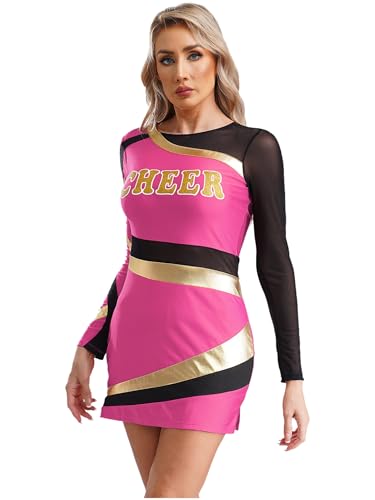 Aiihoo Cheer Leader Kostüm Damen Cheerleadering Uniform Langarm Tanzkleid Bodycon Kleid Mini Kleid Figurbetontes Kleid Halloween Karneval Kostüm Hot Pink M von Aiihoo