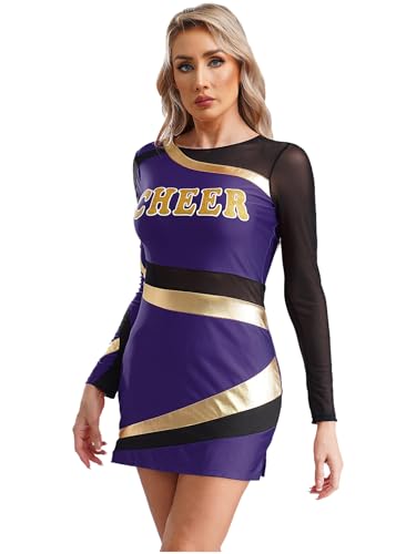 Aiihoo Cheer Leader Kostüm Damen Cheerleadering Uniform Langarm Tanzkleid Bodycon Kleid Mini Kleid Figurbetontes Kleid Halloween Karneval Kostüm Lila XXL von Aiihoo