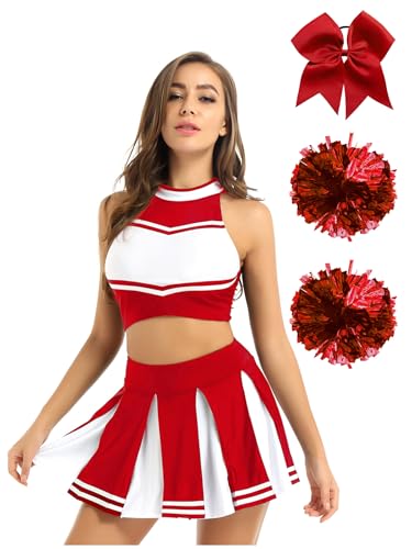 Aiihoo Cheer Leader Kostüm Damen Crop Top Bauchfrei Oberteil + Mini Rock + Pompoms + Haarreif Schulmädchen Uniform Tanzkleid Karnaval Fasching Kostüm Rot L von Aiihoo