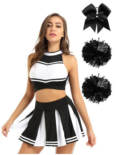 Aiihoo Cheer Leader Kostüm Damen Crop Top Bauchfrei Oberteil + Mini Rock + Pompoms + Haarreif Schulmädchen Uniform Tanzkleid Karnaval Fasching Kostüm Schwarz L von Aiihoo