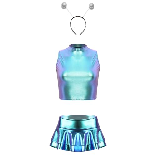 Aiihoo Damen Alien Kostüm Set Glänzend Crop Top + Mini Rock mit Falten + Haarreif Holographic Rave Tanz Outfit Clubwear Halloween Facshing Cosplay Kostüm Blau S von Aiihoo