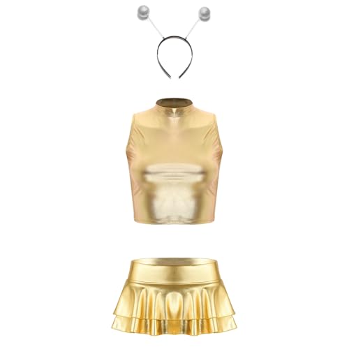 Aiihoo Damen Alien Kostüm Set Glänzend Crop Top + Mini Rock mit Falten + Haarreif Holographic Rave Tanz Outfit Clubwear Halloween Facshing Cosplay Kostüm Gold S von Aiihoo