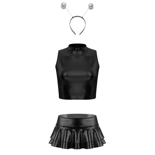 Aiihoo Damen Alien Kostüm Set Glänzend Crop Top + Mini Rock mit Falten + Haarreif Holographic Rave Tanz Outfit Clubwear Halloween Facshing Cosplay Kostüm Schwarz M von Aiihoo