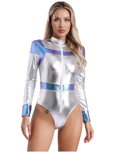 Aiihoo Damen Astronauten Kostüm Metallic Jumpsuit Space Girl Overall Langarm Bodysuit Weltraum Weltall Raumfahrer Kostüm Halloween Fasching Kostüm Silber L von Aiihoo