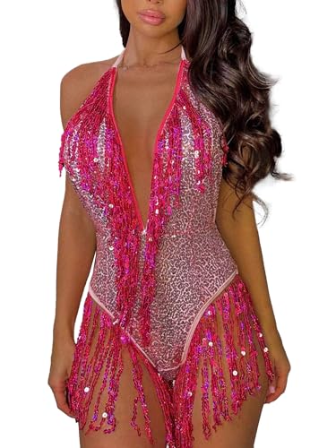 Aiihoo Damen Bauchtanz Kostüm Bodysuit Glitzer Tanzkleid Pailletten Jumpsuit Fransen Tanzen Leotard Badeanzug Hot Pink S von Aiihoo