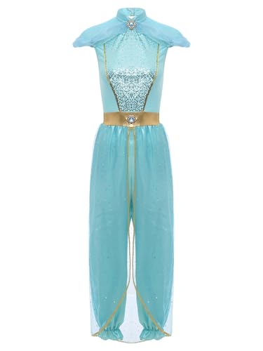 Aiihoo Damen Bauchtanz Kostüm Jasmin Prinzessin Kostüm Einteiler Jumpsuit Arabische Kostüm Tanz Outfit Indische Tanzkleidung Halloween Karneval Kostüm Hellblau L von Aiihoo