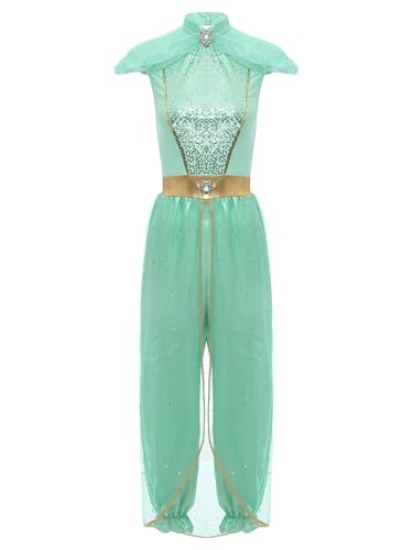 Aiihoo Damen Bauchtanz Kostüm Jasmin Prinzessin Kostüm Einteiler Jumpsuit Arabische Kostüm Tanz Outfit Indische Tanzkleidung Halloween Karneval Kostüm Minzgrün 3XL von Aiihoo