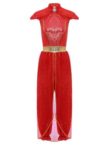 Aiihoo Damen Bauchtanz Kostüm Jasmin Prinzessin Kostüm Einteiler Jumpsuit Arabische Kostüm Tanz Outfit Indische Tanzkleidung Halloween Karneval Kostüm Rot 4XL von Aiihoo