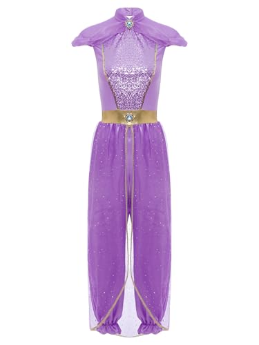 Aiihoo Damen Bauchtanz Kostüm Jasmin Prinzessin Kostüm Einteiler Jumpsuit Arabische Kostüm Tanz Outfit Indische Tanzkleidung Halloween Karneval Kostüm Violett 3XL von Aiihoo