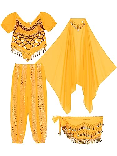 Aiihoo Damen Bauchtanz Kostüm Jasmin Prinzessin Kostüm Pailletten Crop Top + Haremshose Laterne Hosen + Hüfttuch Arabisch Kostüm Karneval Fasching Party Gelb One Size von Aiihoo