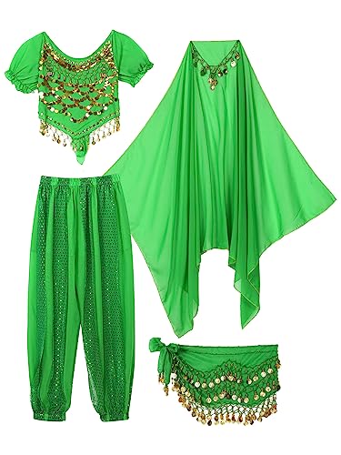 Aiihoo Damen Bauchtanz Kostüm Jasmin Prinzessin Kostüm Pailletten Crop Top + Haremshose Laterne Hosen + Hüfttuch Arabisch Kostüm Karneval Fasching Party Grün One Size von Aiihoo