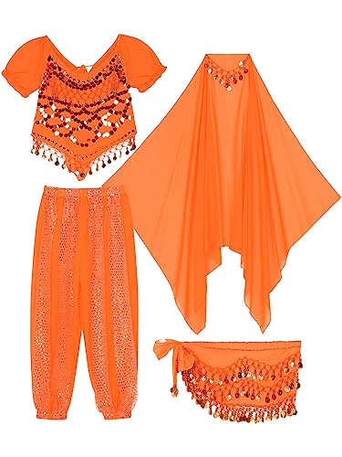 Aiihoo Damen Bauchtanz Kostüm Jasmin Prinzessin Kostüm Pailletten Crop Top + Haremshose Laterne Hosen + Hüfttuch Arabisch Kostüm Karneval Fasching Party Orange One Size von Aiihoo