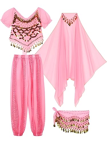 Aiihoo Damen Bauchtanz Kostüm Jasmin Prinzessin Kostüm Pailletten Crop Top + Haremshose Laterne Hosen + Hüfttuch Arabisch Kostüm Karneval Fasching Party Rosa One Size von Aiihoo