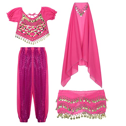 Aiihoo Damen Bauchtanz Kostüm Jasmin Prinzessin Kostüm Pailletten Crop Top + Haremshose Laterne Hosen + Hüfttuch Arabisch Kostüm Karneval Fasching Party Rose One Size von Aiihoo