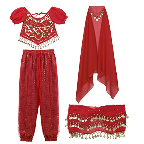 Aiihoo Damen Bauchtanz Kostüm Jasmin Prinzessin Kostüm Pailletten Crop Top + Haremshose Laterne Hosen + Hüfttuch Arabisch Kostüm Karneval Fasching Party Rot One Size von Aiihoo