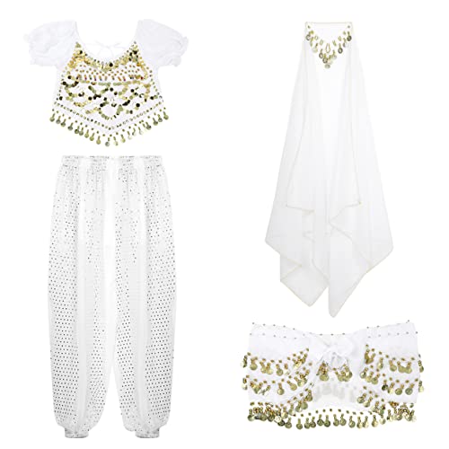 Aiihoo Damen Bauchtanz Kostüm Jasmin Prinzessin Kostüm Pailletten Crop Top + Haremshose Laterne Hosen + Hüfttuch Arabisch Kostüm Karneval Fasching Party Weiß One Size von Aiihoo