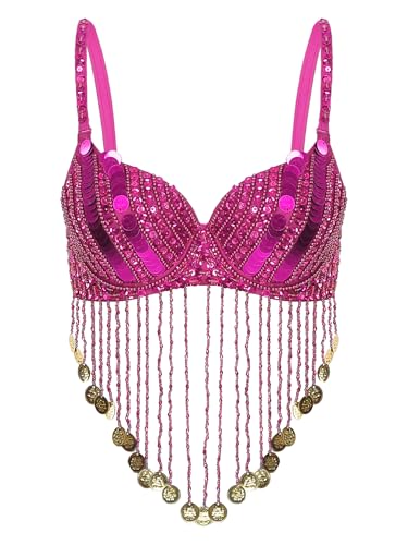 Aiihoo Damen Bauchtanz Kostüm Oberteil Pailletten BH Push Up Fransen Top Ärmellos Crop Top Latein Jazz Tanz Oberteil Halloween Karneval Kostüm Hot Pink Einheitsgröße von Aiihoo