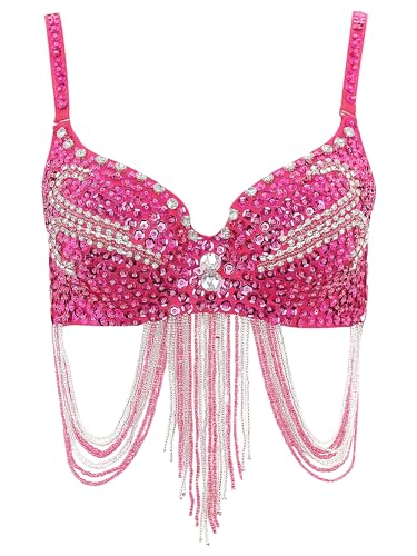 Aiihoo Damen Bauchtanz Kostüm Oberteil Pailletten Quaste BH Push Up Bustier Ärmellos Crop Top Musik Festival Latin Jazz Tanz Oberteil Karneval Kostüm Hot Pink L von Aiihoo