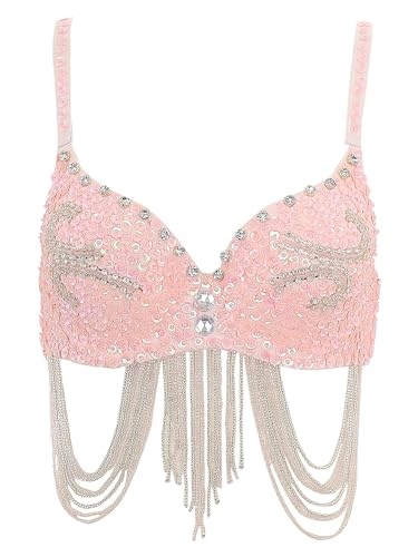 Aiihoo Damen Bauchtanz Kostüm Oberteil Pailletten Quaste BH Push Up Bustier Ärmellos Crop Top Musik Festival Latin Jazz Tanz Oberteil Karneval Kostüm Rosa L von Aiihoo