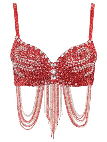 Aiihoo Damen Bauchtanz Kostüm Oberteil Pailletten Quaste BH Push Up Bustier Ärmellos Crop Top Musik Festival Latin Jazz Tanz Oberteil Karneval Kostüm Rot L von Aiihoo