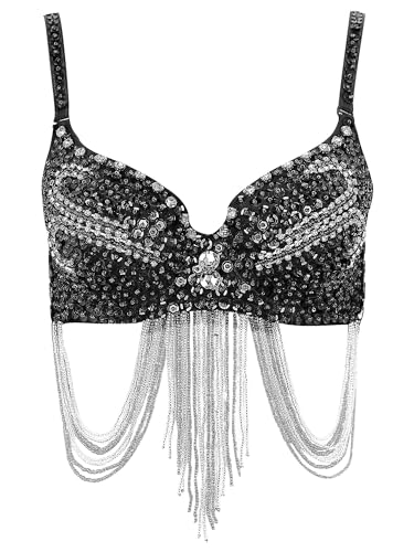 Aiihoo Damen Bauchtanz Kostüm Oberteil Pailletten Quaste BH Push Up Bustier Ärmellos Crop Top Musik Festival Latin Jazz Tanz Oberteil Karneval Kostüm Schwarz L von Aiihoo