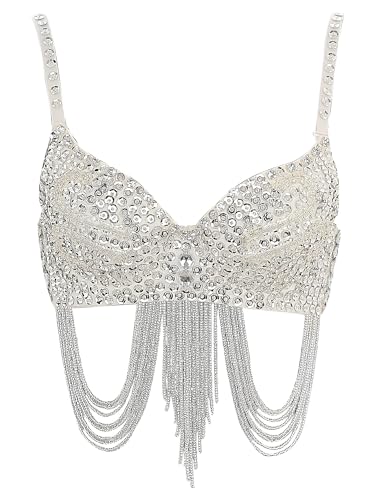 Aiihoo Damen Bauchtanz Kostüm Oberteil Pailletten Quaste BH Push Up Bustier Ärmellos Crop Top Musik Festival Latin Jazz Tanz Oberteil Karneval Kostüm Silber L von Aiihoo