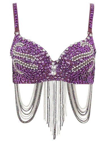 Aiihoo Damen Bauchtanz Kostüm Oberteil Pailletten Quaste BH Push Up Bustier Ärmellos Crop Top Musik Festival Latin Jazz Tanz Oberteil Karneval Kostüm Violett L von Aiihoo