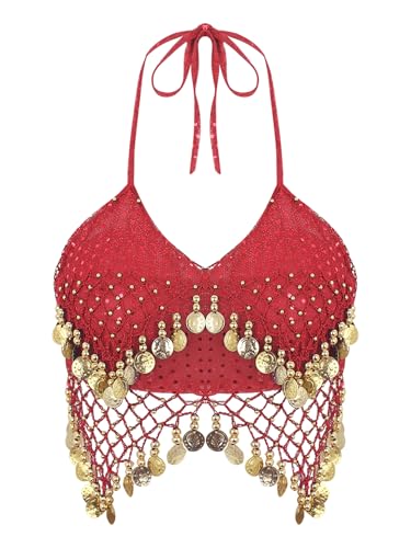 Aiihoo Damen Bauchtanz Kostüm Pailletten BH Top Mesh Crop Top Quaste Schnürung Tanz Oberteil Belly Dance Kleidung Rot Einheitsgröße von Aiihoo