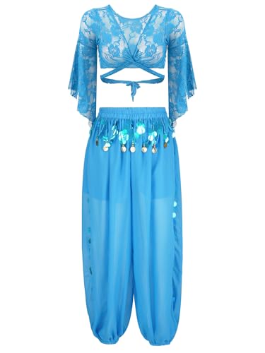 Aiihoo Damen Bauchtanz Kostüm Spitze Crop Top + Pailletten Haremshose Indische Tanzbekleidung Karneval Fasching Party Cosplay Outfits Himmelblau Einheitsgröße von Aiihoo