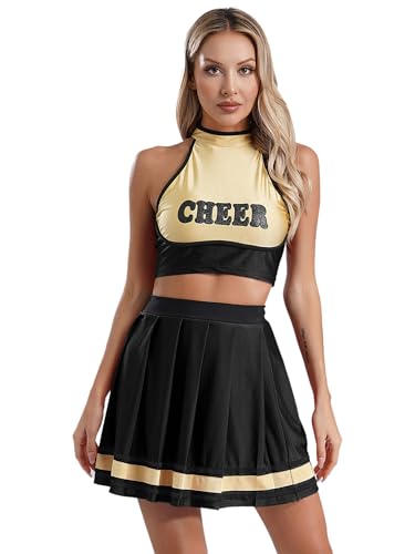 Aiihoo Damen Cheer Leader Kostüm Schulmädchen Uniform Neckholder Crop Top + Cheerleading Rock Plissiert Rock Faltenrock Halloween Karneval Kostüm Schwarz M von Aiihoo