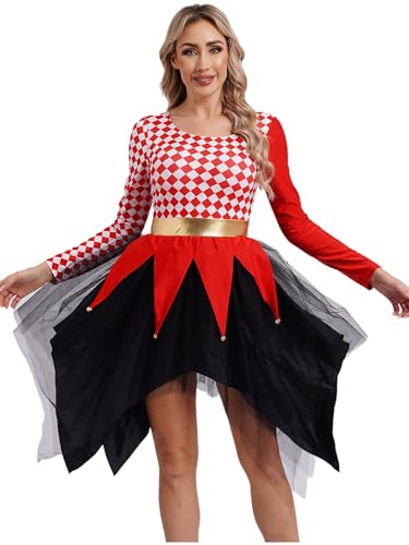 Aiihoo Damen Clown Kostüm Kleid Halloween Zirkus Kostüm Schachbrettmuster Langarm Kleid Asymmetrischer Tanzkleid Tüllrock Weihnachten Kleid Fasching Kostüm Rot 3XL von Aiihoo