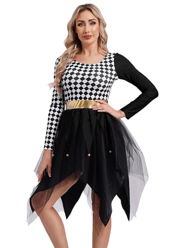 Aiihoo Damen Clown Kostüm Kleid Halloween Zirkus Kostüm Schachbrettmuster Langarm Kleid Asymmetrischer Tanzkleid Tüllrock Weihnachten Kleid Fasching Kostüm Schwarz L von Aiihoo