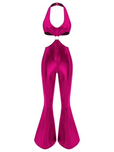 Aiihoo Damen Disco Kostüm 70er Jahre Metallic Jumpsuit Overall Neckholder Crop Top mit Schlaghose Faschingskostüm Rave Outfit Hot Pink L von Aiihoo