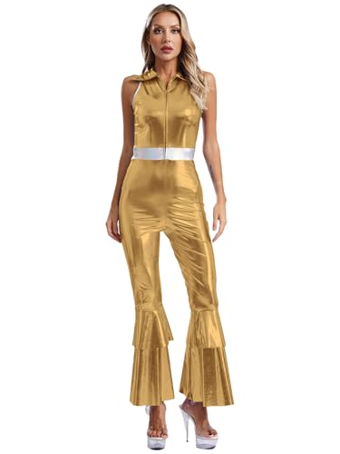 Aiihoo Damen Disco Kostüm Jumpsuit Metallic Overall Glitzer Strampler Hosenanzug Schlaghose Hippie Kostüm Rave Outfit Fasching Party Gold S von Aiihoo