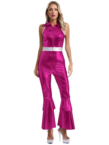 Aiihoo Damen Disco Kostüm Jumpsuit Metallic Overall Glitzer Strampler Hosenanzug Schlaghose Hippie Kostüm Rave Outfit Fasching Party Hot Pink L von Aiihoo