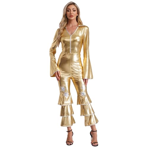 Aiihoo Damen Disco Kostüm Langarm Jumpsuit Metallic Overall Glitzer Hosenanzug mit Rüschen Hippie Tanz Rave Outfit Fasching Party Gold 3XL von Aiihoo