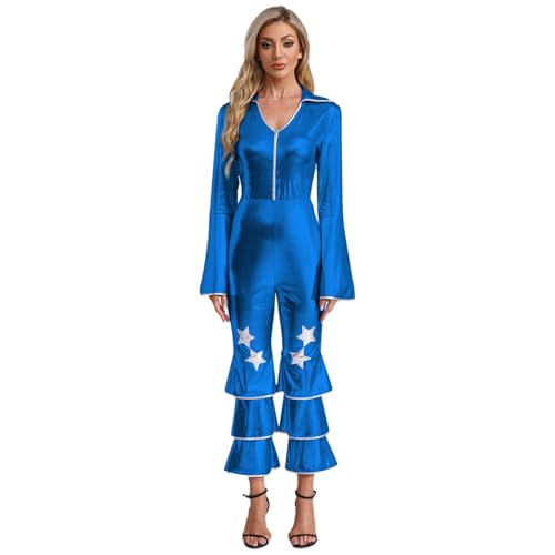 Aiihoo Damen Disco Kostüm Langarm Jumpsuit Metallic Overall Glitzer Hosenanzug mit Rüschen Hippie Tanz Rave Outfit Fasching Party Königsblau 3XL von Aiihoo