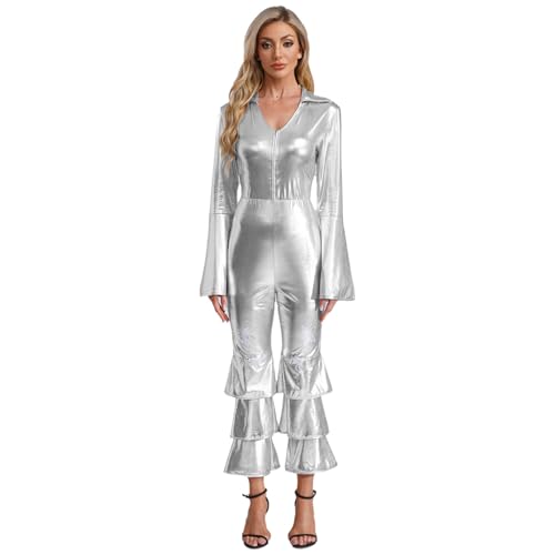 Aiihoo Damen Disco Kostüm Langarm Jumpsuit Metallic Overall Glitzer Hosenanzug mit Rüschen Hippie Tanz Rave Outfit Fasching Party Silber 3XL von Aiihoo