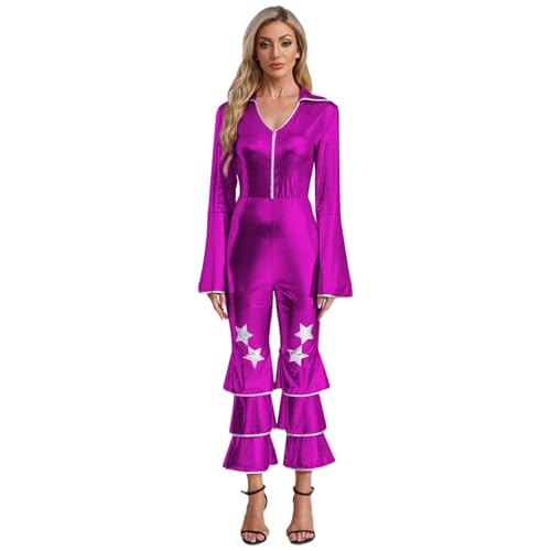 Aiihoo Damen Disco Kostüm Langarm Jumpsuit Metallic Overall Glitzer Hosenanzug mit Rüschen Hippie Tanz Rave Outfit Fasching Party Violett 3XL von Aiihoo