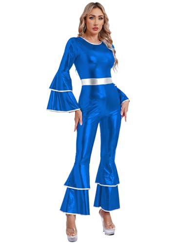 Aiihoo Damen Disco Kostüm Metallic Jumpsuit 70er 80er Vintage Kleidung Flare Ärmel Bodysuit Romper One-piece Tanzkleidung Karneval Party Königsblau L von Aiihoo