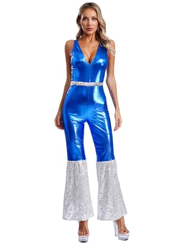 Aiihoo Damen Disco Kostüm Metallic Jumpsuit Pailletten Overall Glitzer Schlaghose 70er Jahre Disco Kleidung Hippie Kostüm Rave Outfit Fasching Party Blau 3XL von Aiihoo