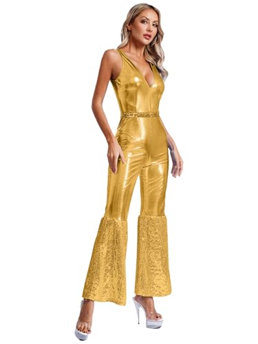 Aiihoo Damen Disco Kostüm Metallic Jumpsuit Pailletten Overall Glitzer Schlaghose 70er Jahre Disco Kleidung Hippie Kostüm Rave Outfit Fasching Party Gold L von Aiihoo