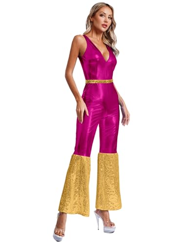 Aiihoo Damen Disco Kostüm Metallic Jumpsuit Pailletten Overall Glitzer Schlaghose 70er Jahre Disco Kleidung Hippie Kostüm Rave Outfit Fasching Party Hot Pink 3XL von Aiihoo