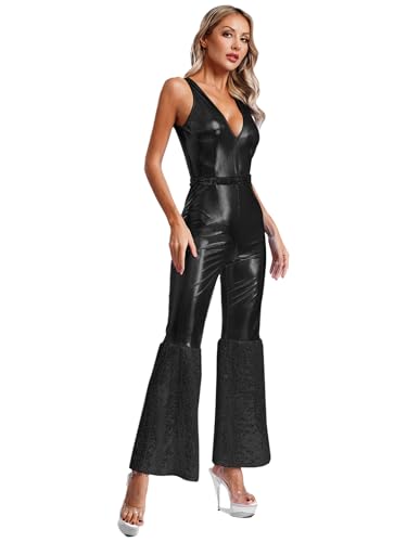 Aiihoo Damen Disco Kostüm Metallic Jumpsuit Pailletten Overall Glitzer Schlaghose 70er Jahre Disco Kleidung Hippie Kostüm Rave Outfit Fasching Party Schwarz L von Aiihoo