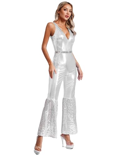 Aiihoo Damen Disco Kostüm Metallic Jumpsuit Pailletten Overall Glitzer Schlaghose 70er Jahre Disco Kleidung Hippie Kostüm Rave Outfit Fasching Party Silber 3XL von Aiihoo