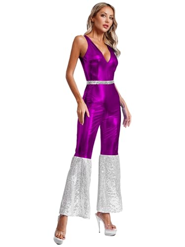 Aiihoo Damen Disco Kostüm Metallic Jumpsuit Pailletten Overall Glitzer Schlaghose 70er Jahre Disco Kleidung Hippie Kostüm Rave Outfit Fasching Party Violett 3XL von Aiihoo